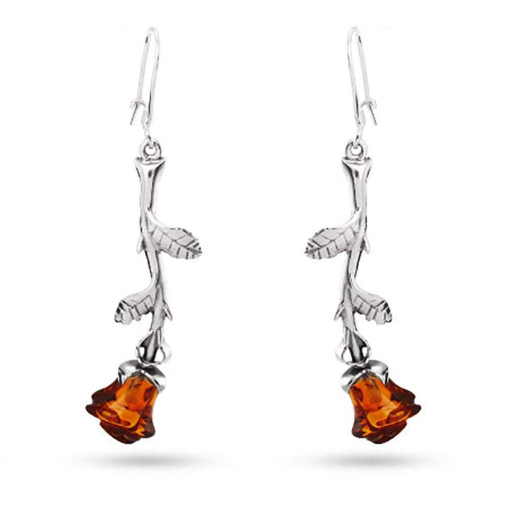 Sterling Silver Baltic Amber Rose Earrings