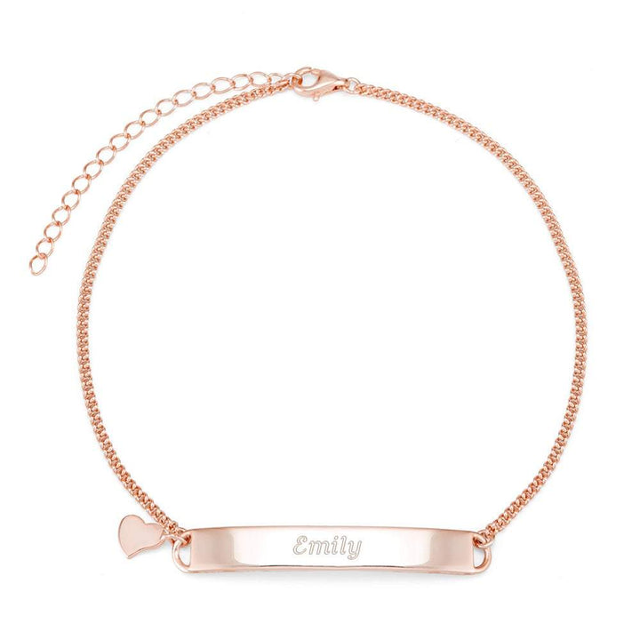 Engravable Name Bar Rose Gold Anklet with Heart Charm