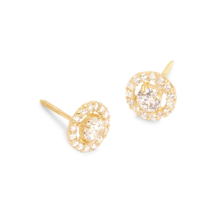 14K Gold Round Halo CZ Stud Earrings