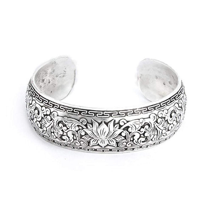 Wide Carved Design Lotus Cuff Bracelet