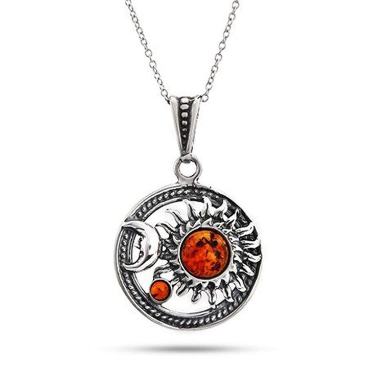 Celestial Sun and Moon Sterling Silver Baltic Amber Pendant