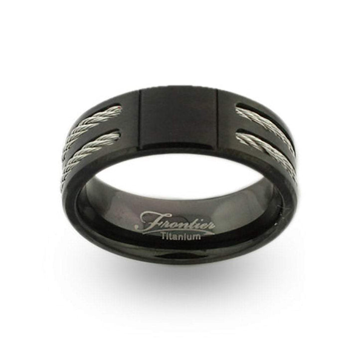 Mens Wide Black Titanium Signet Ring with Double Cable Inlay