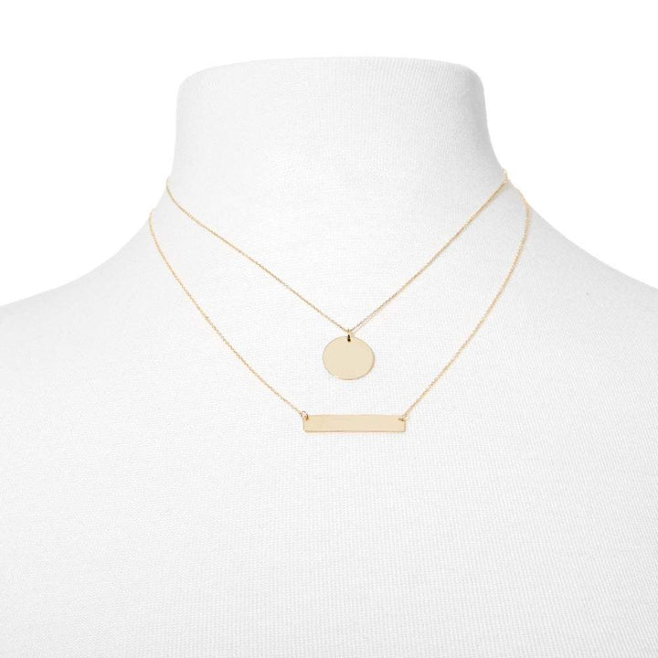 14K Gold Bar and Round Tag Layered Pendant Set