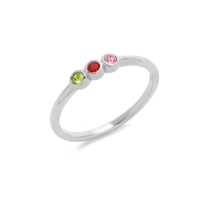 3 Stone Silver Bezel Set Birthstone Ring