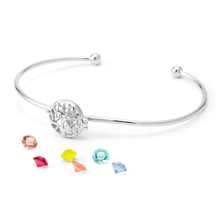 Family Tree 4mm Round Birthstone Silver Cuff Bracelet