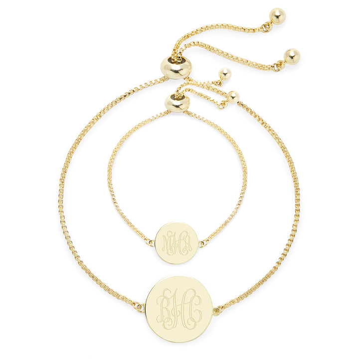 Mom &amp; Baby Monogram Gold Disc Bolo Bracelet Set