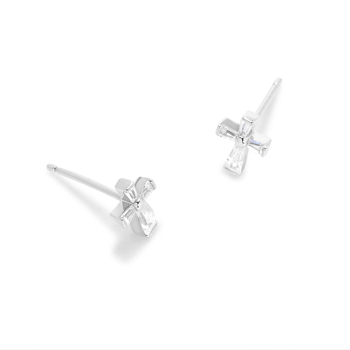 Sterling Silver Baguette CZ Cross Stud Earrings