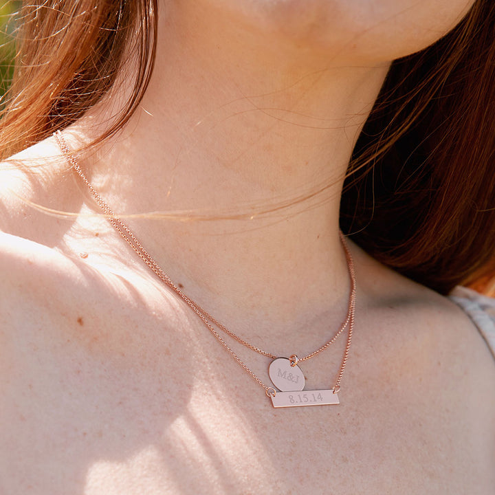 Bar and Round Tag Layered Pendant Set in Rose Gold