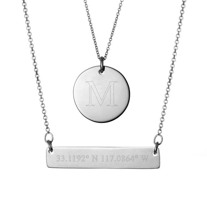 Custom Coordinate Sterling Silver Bar and Round Tag Layered Pendant Set