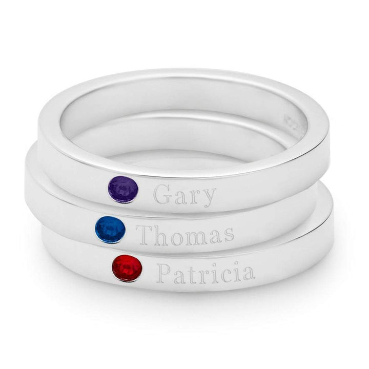 Custom Birthstone Three Silver Stacking Name Rings