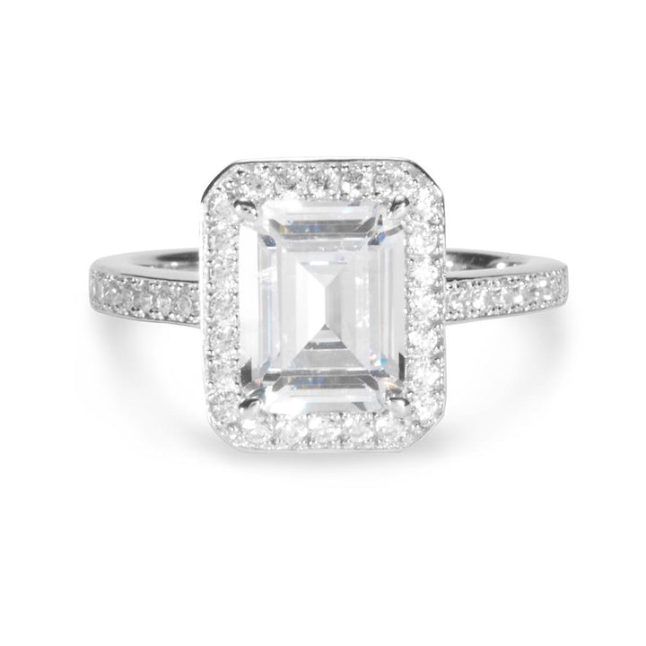 Sterling Silver Emerald Cut Halo CZ Engagement Ring