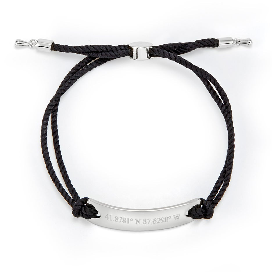 Custom Coordinate Bar Rope Bolo Bracelet in Black and Silver