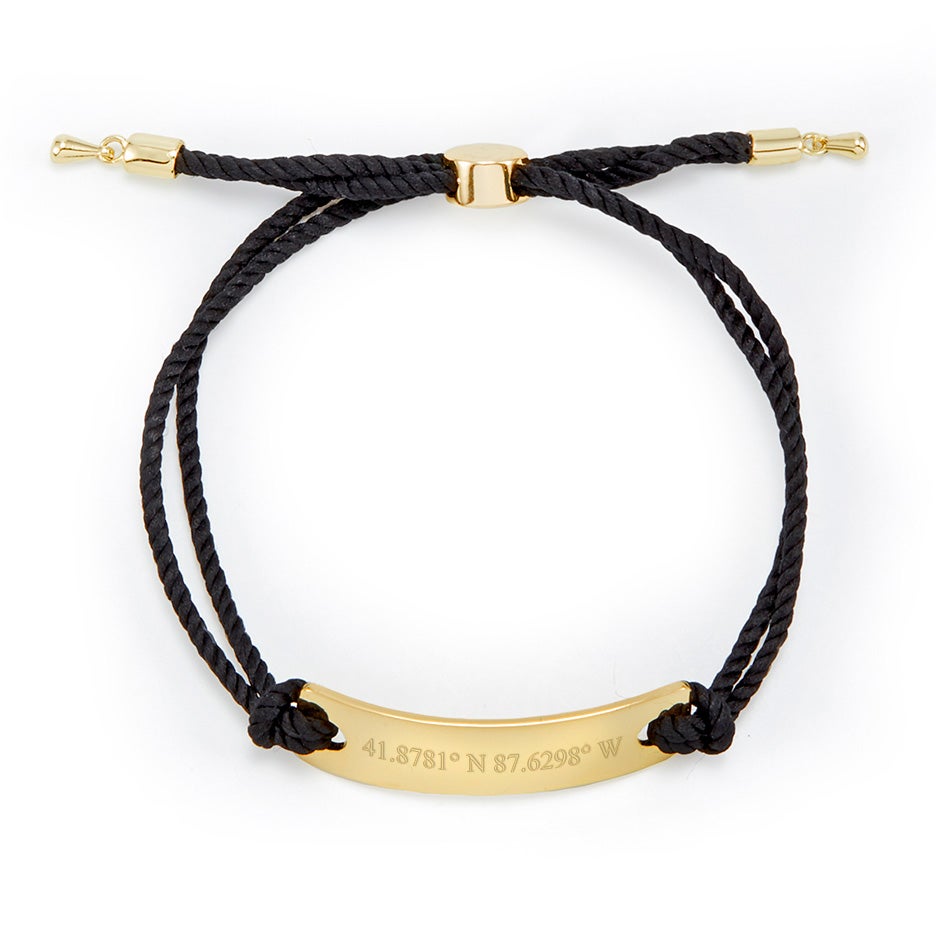 Custom Coordinate Bar Rope Bolo Bracelet in Black and Gold