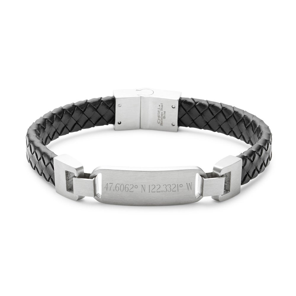 Custom Coordinate Men's Black Braided Leather ID Bracelet