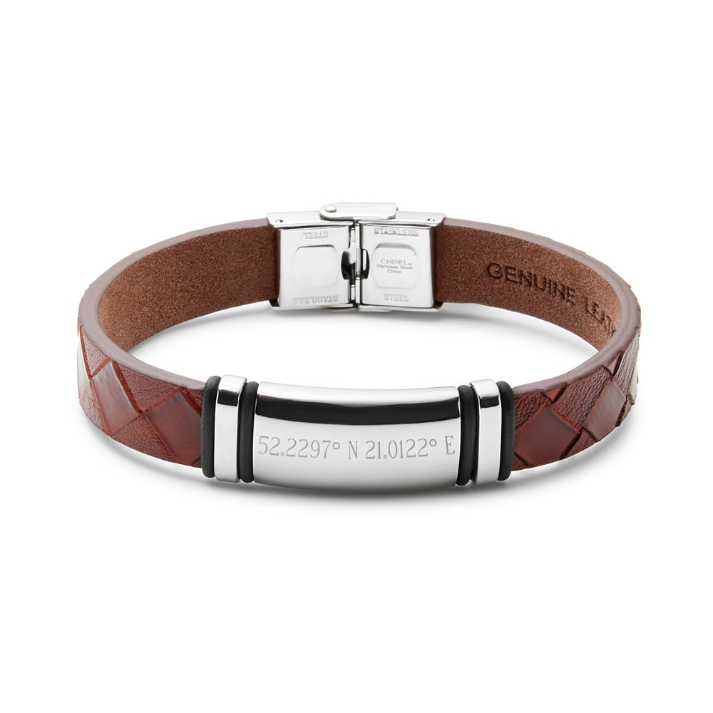 Custom Coordinate Men's Brown Woven Leather ID Bracelet