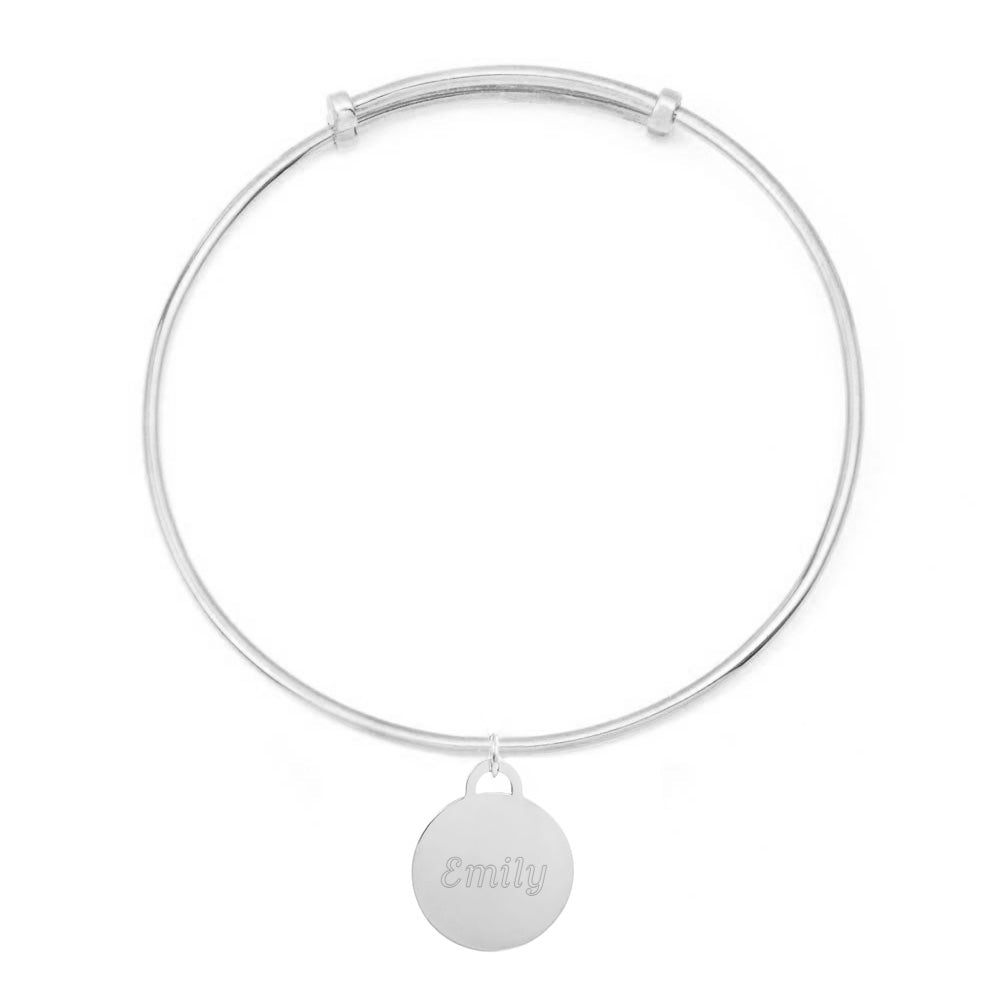 Engravable Round Tag Adjustable Silver Bracelet