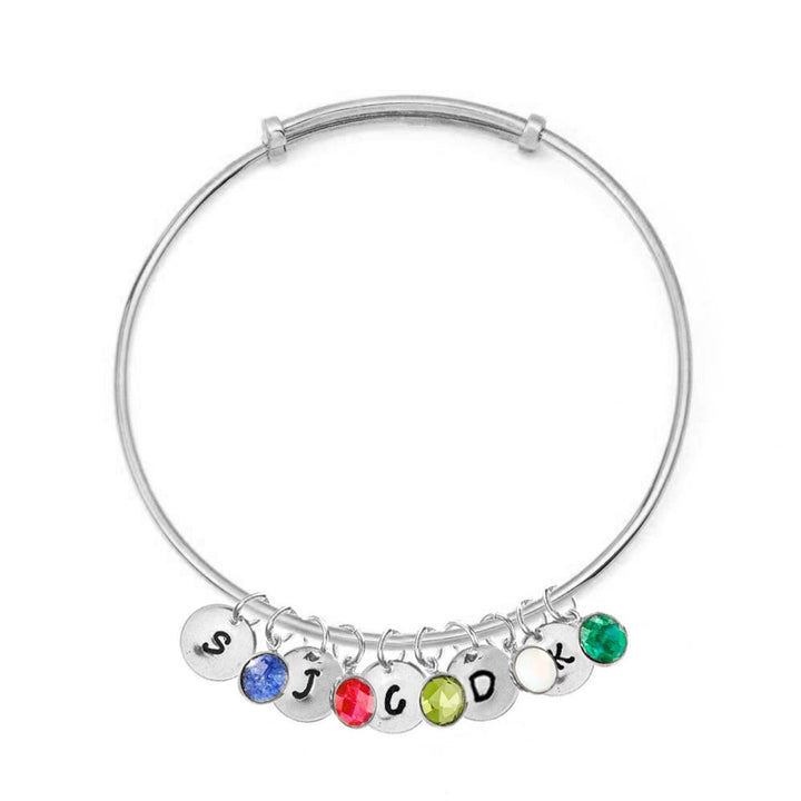 Hand Stamped Initial Birthstone Silver Bangle Bracelet