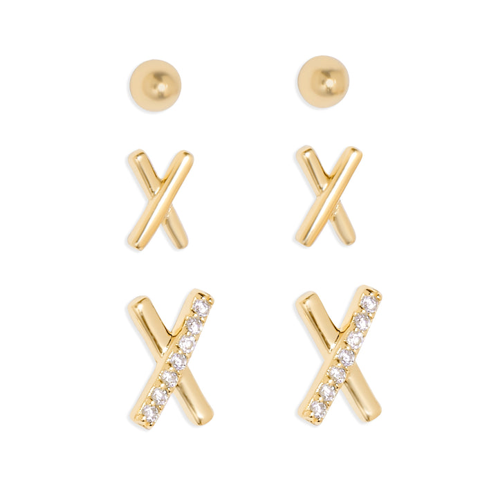 CZ Gold X and Ball Earring Set