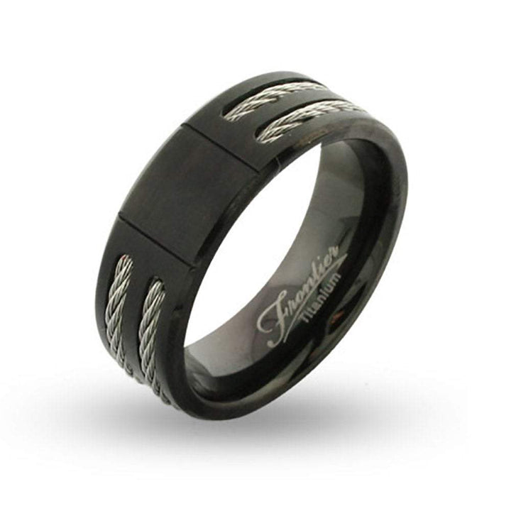 Mens Wide Black Titanium Signet Ring with Double Cable Inlay