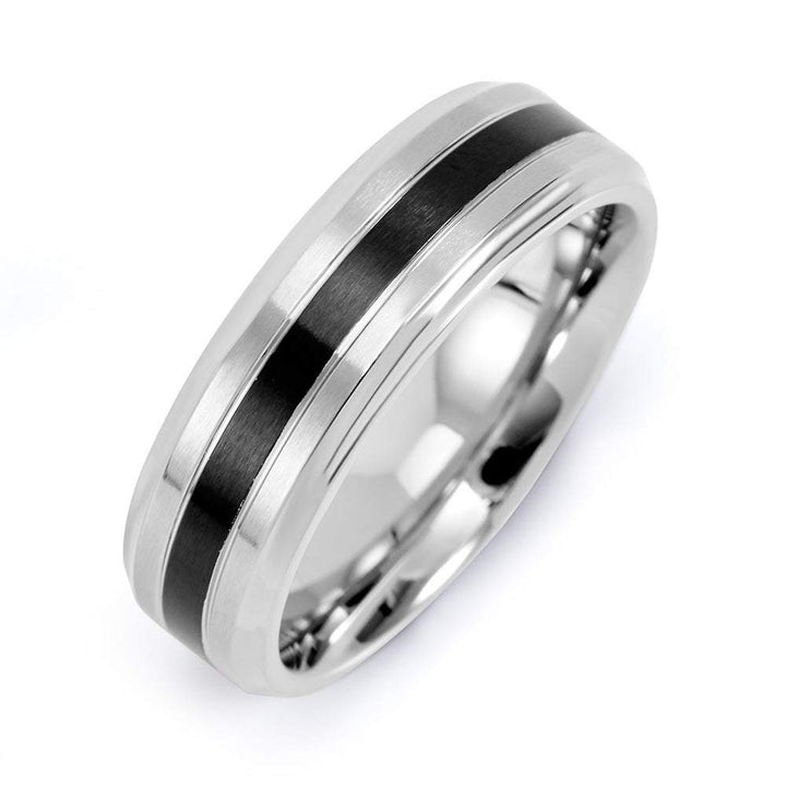 Mens Stainless Steel Band with Single Black Inlay