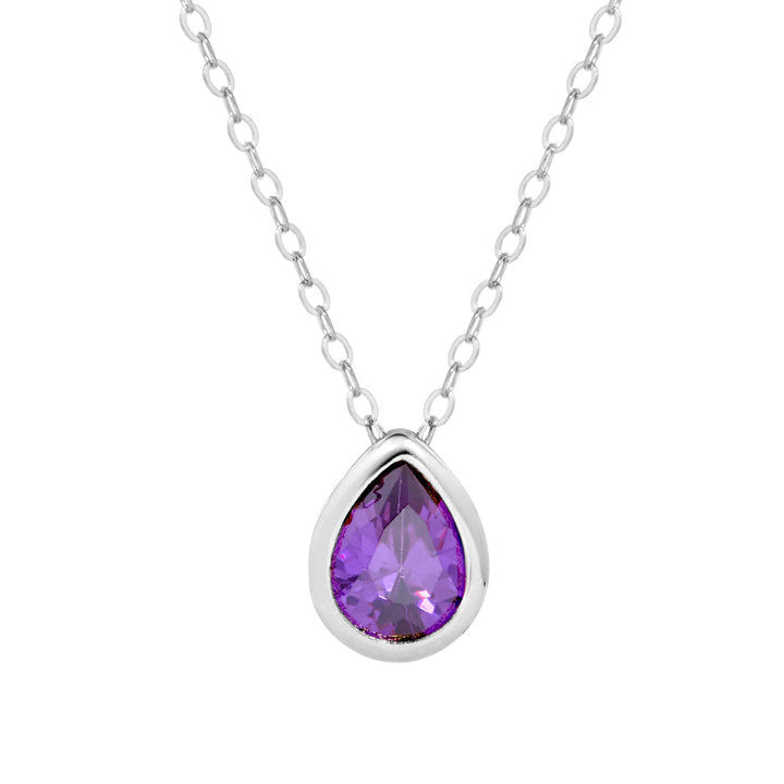 Sterling Silver February Pear Cut Bezel Birthstone Necklace