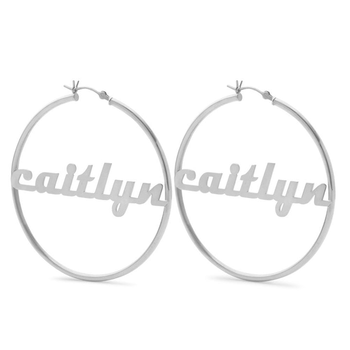 Modern Script Sterling Silver Name Hoops