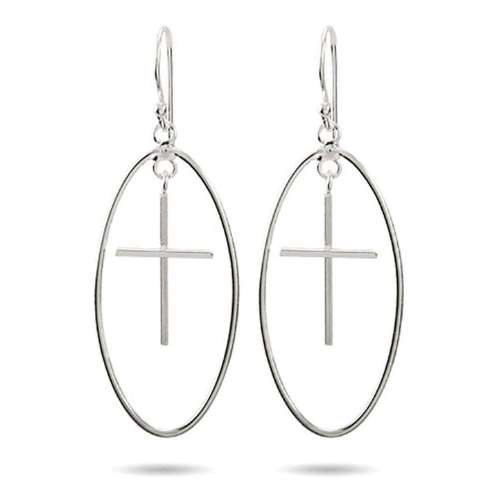 Sterling Silver Oval Dangling Cross Earrings