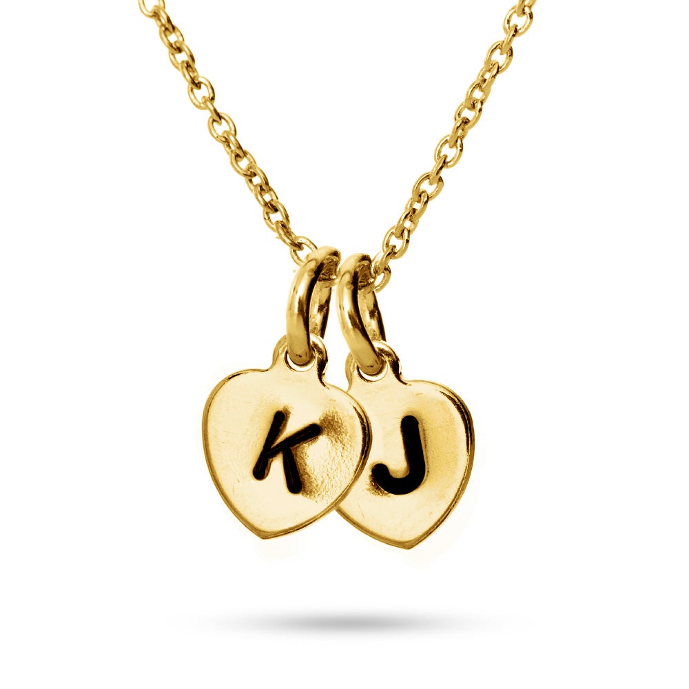 Hand Stamped Gold Double Heart Tag Mini Initial Necklace