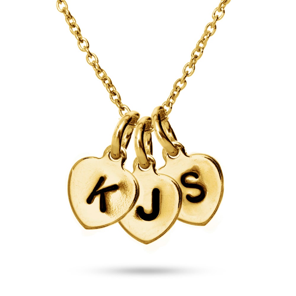 Hand Stamped Gold Triple Heart Tag Mini Initial Necklace