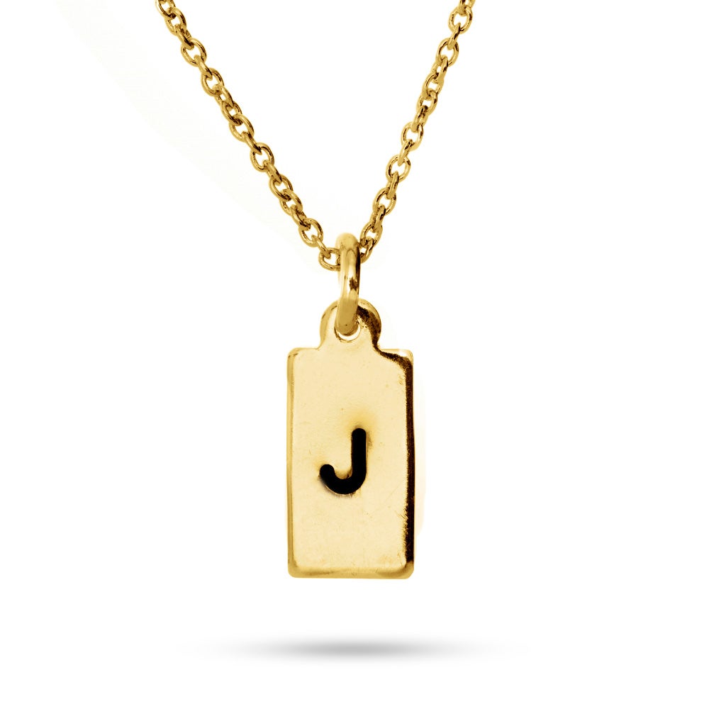 Hand Stamped Gold Rectangle Tag Mini Initial Necklace