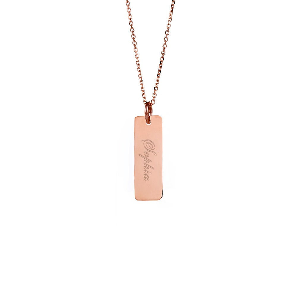 Engravable Petite Vertical Rose Gold Bar Necklace (left to right)