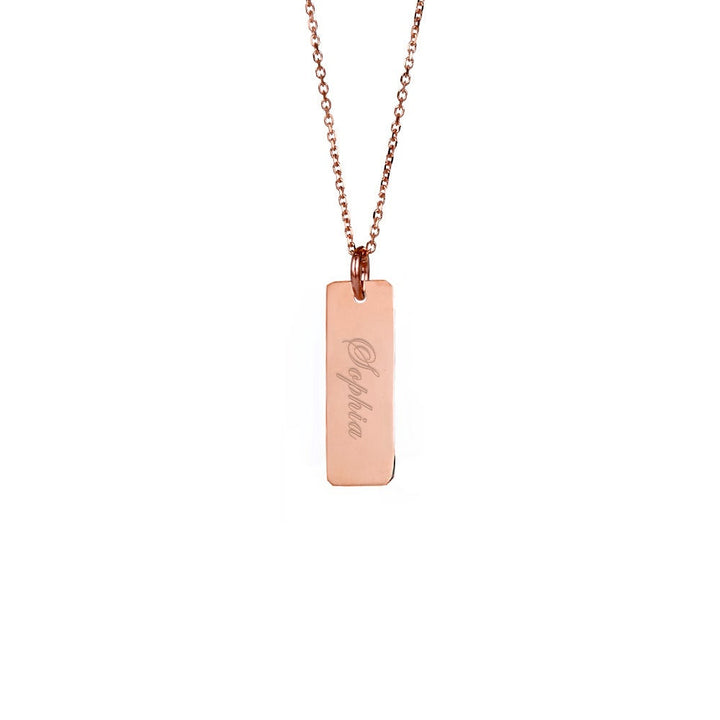 Engravable Petite Vertical Rose Gold Bar Necklace (left to right)