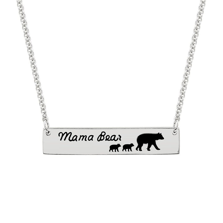 Mama Bear and Two Baby Cubs Silver Name Bar Necklace