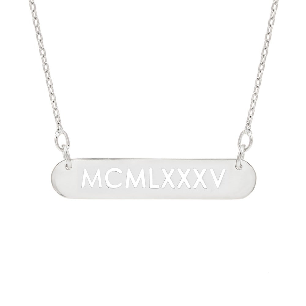 Oval Name Bar Cutout Roman Numeral Silver Necklace