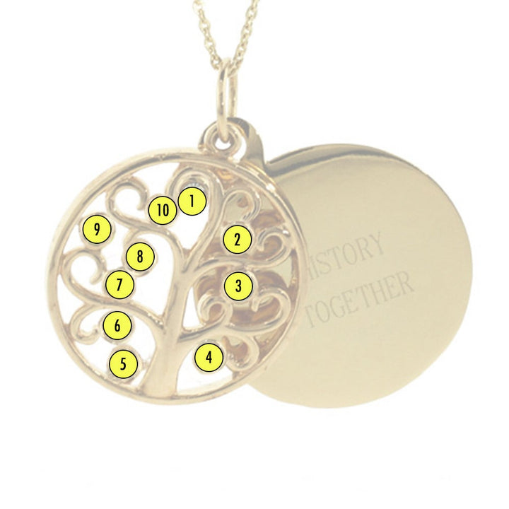 Engravable 10 Stone Gold Custom Birthstone Family Tree Pendant