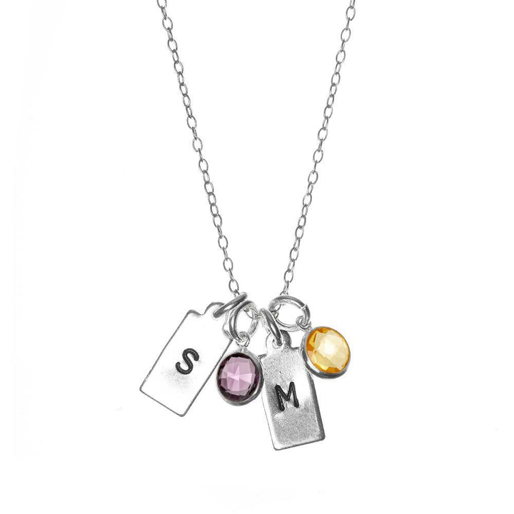 Hand Stamped Silver Rectangle Mini Initial Birthstone Necklace