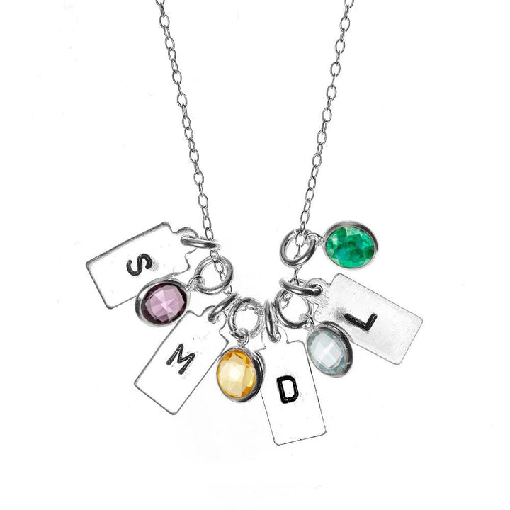 Hand Stamped Silver Rectangle Mini Initial Birthstone Necklace