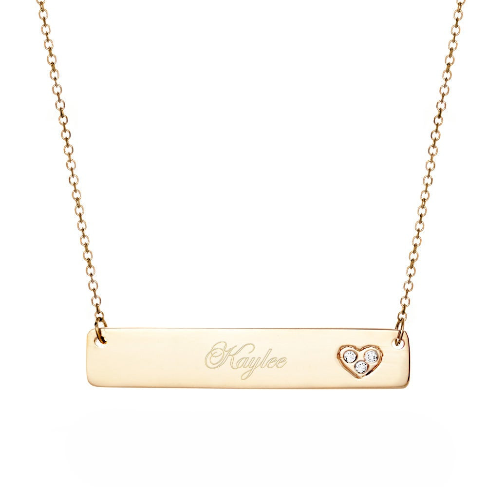 14K Gold Bar Nameplate Necklace with Diamond Heart