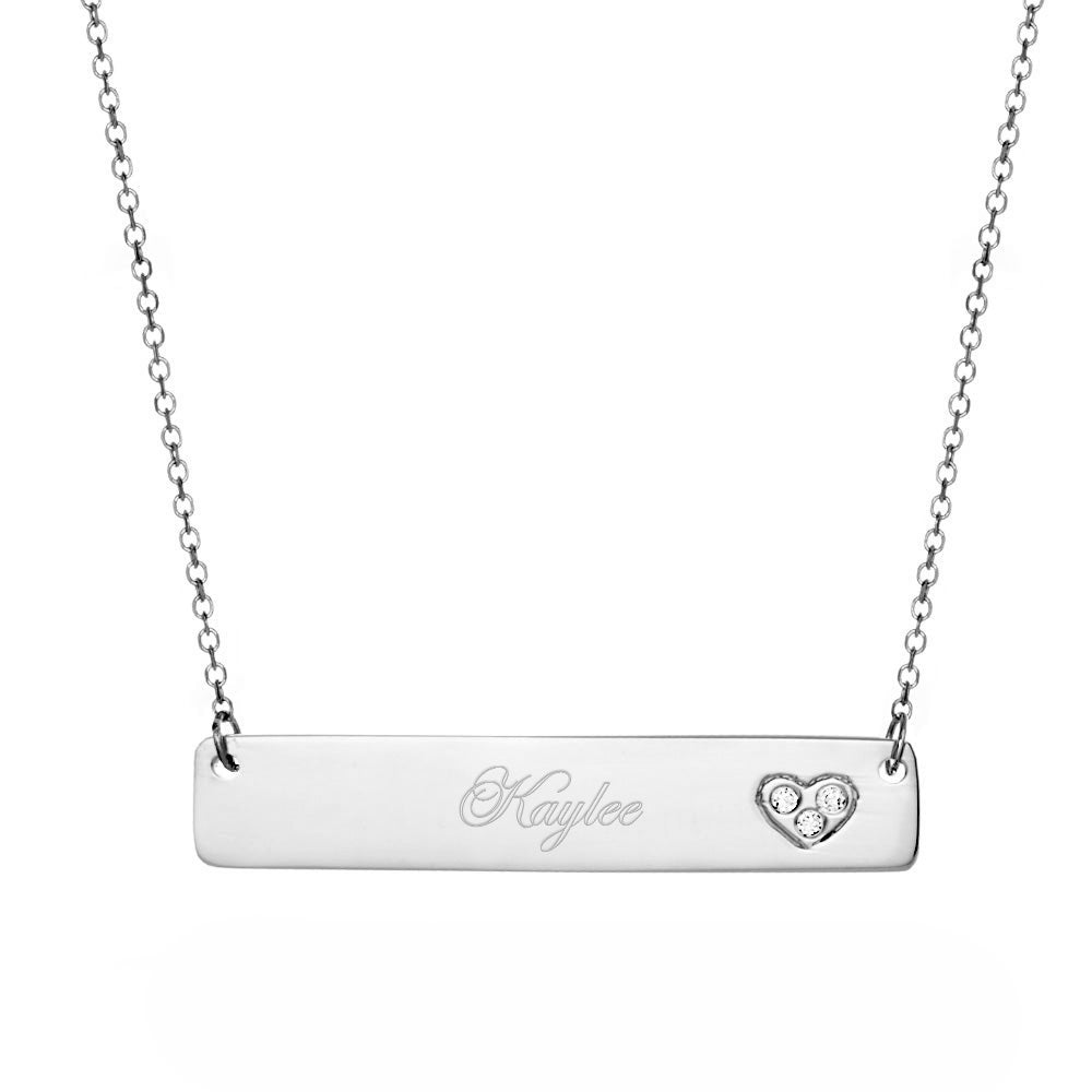 14K White Gold Bar Nameplate Necklace with Diamond Heart