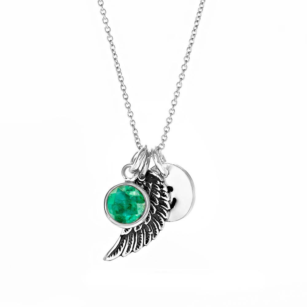 Angel Wing Initial Birthstone Charm Necklace