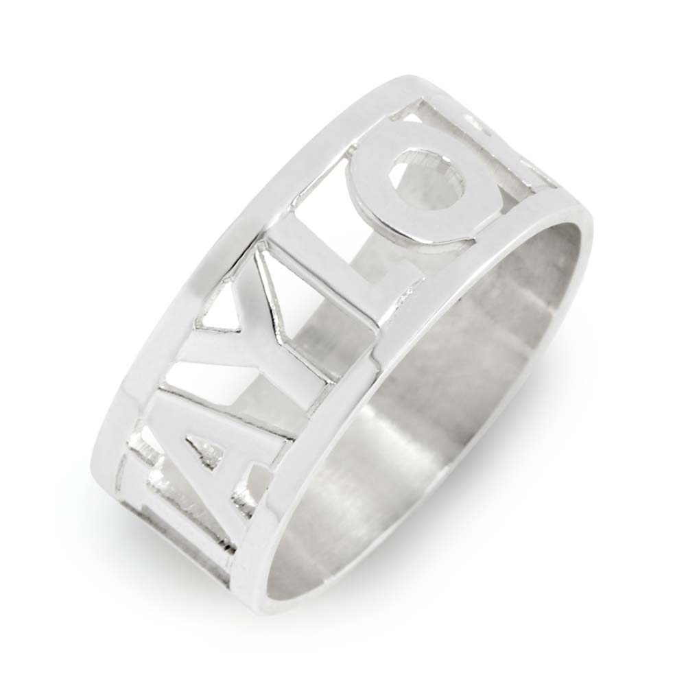 Cut Out Block Silver Name Ring