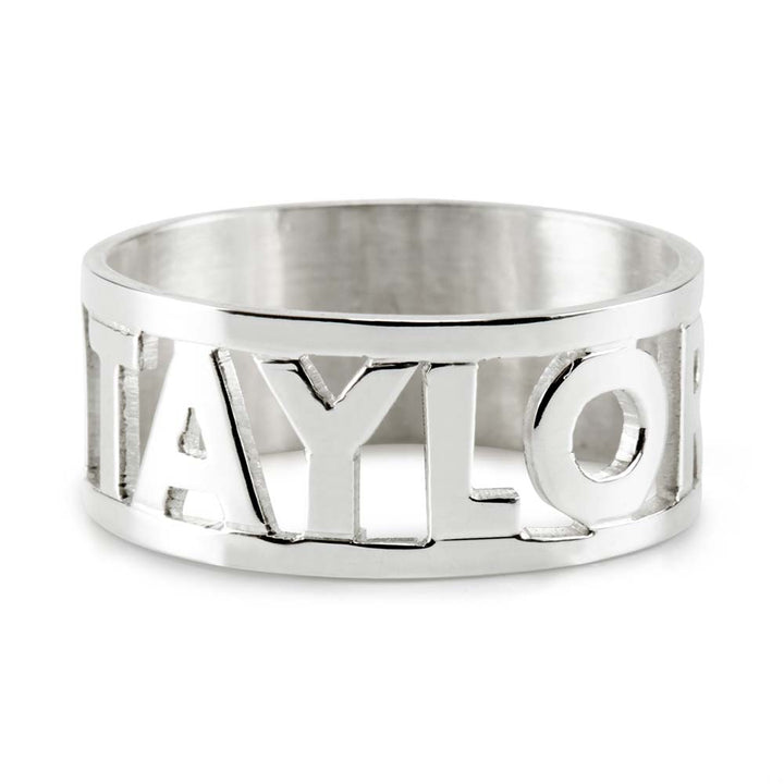 Cut Out Block Silver Name Ring