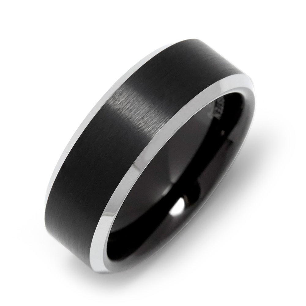 Men's Beveled Edge Brushed Black Tungsten Ring