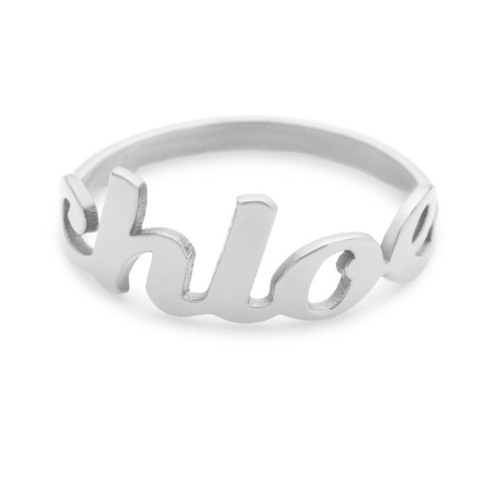 Magnolia Script Custom Silver Name Ring